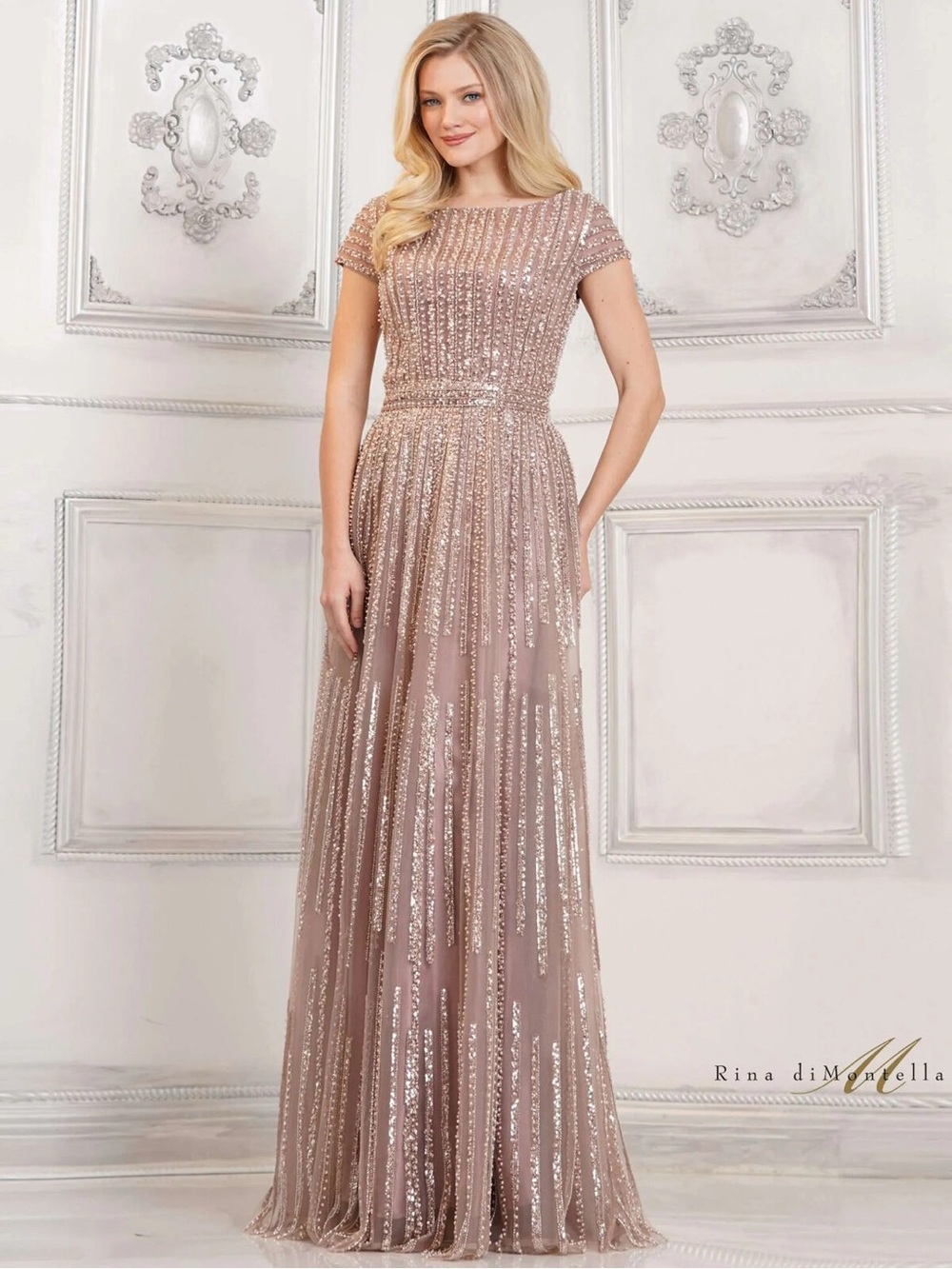 Rina diMontella Rose Gold Sequin Pleated Maxi Gown